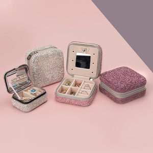 Luxury Mini Rhinestones Jewelry Box With Mirror Travel Portable